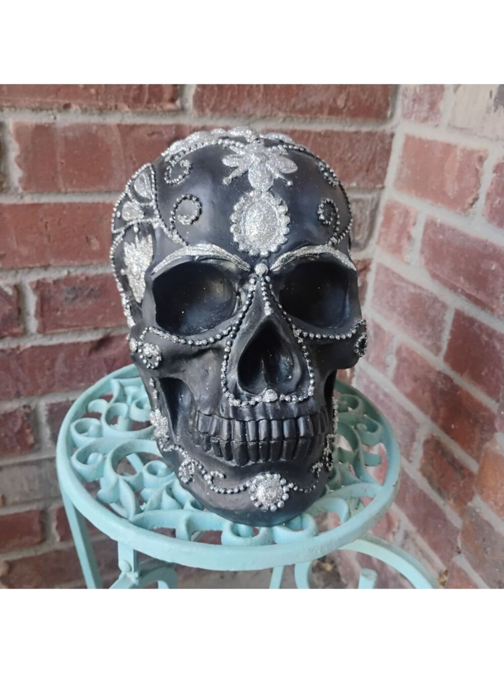 Tabletop Sugar Skull Figurine Black w/ Silver Glitter Halloween Day of the Dead